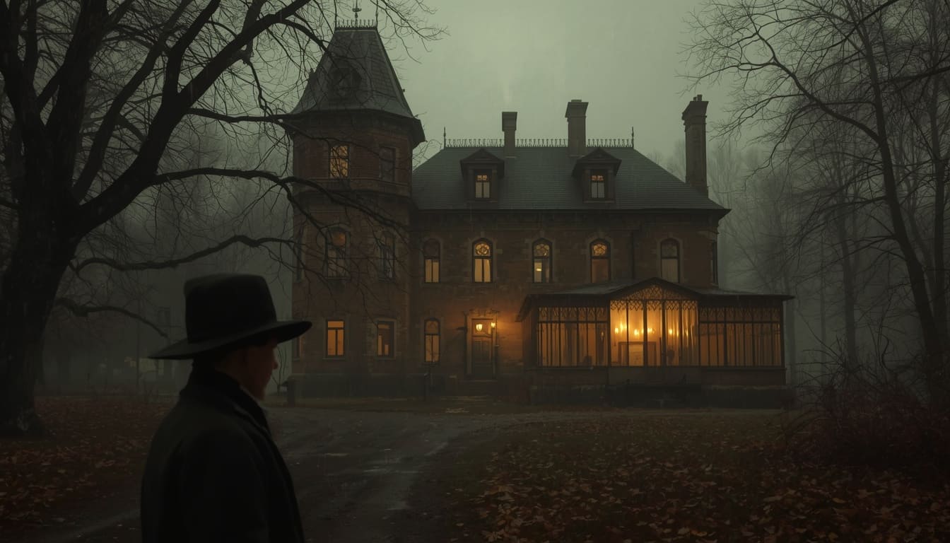 Старый особняк Стаховых на рассвете в тумане, без движения часов